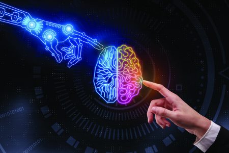 Hand pointing at glowing digital brain. Artificial intelligence and future concept. 3D Rendering