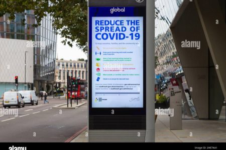 dooh-digital-out-of-home-by-global-and-bt-reduce-the-spread-of-covid-19-e-board-advert-digital-signage-display-street-sign-london-uk-2HE7KA1